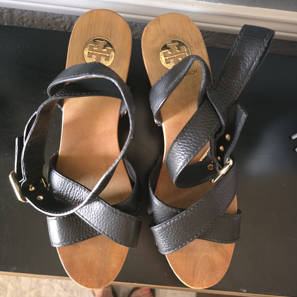 Tory Burch Black Leather Wood Platform Sandles 10.5 Medium - Picture 2 of 8